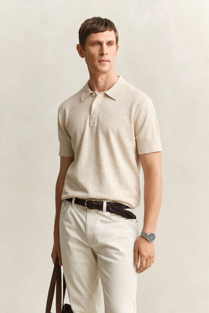 Slub Cotton Blend Short Sleeve Polo Sweater Slub Cotton Blend Short Sleeve Polo Sweater