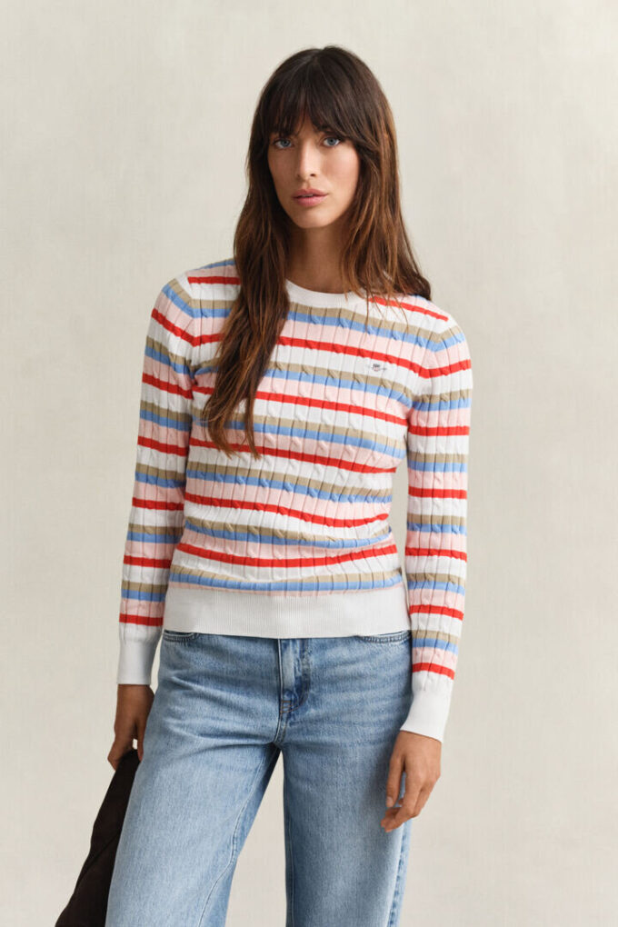 Striped Cable Knit Crew Neck Sweater Striped Cable Knit Crew Neck Sweater