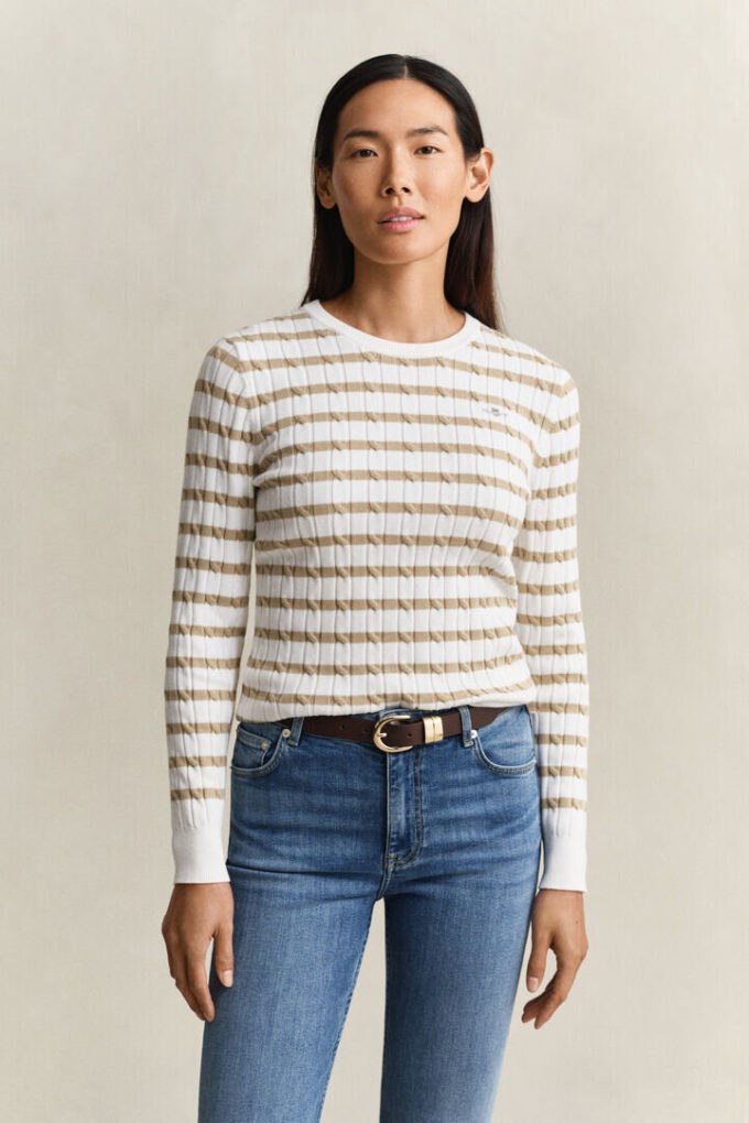 Striped Cable Knit Crew Neck Sweater Striped Cable Knit Crew Neck Sweater