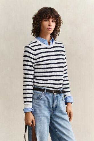 Striped Cable Knit Crew Neck Sweater Striped Cable Knit Crew Neck Sweater