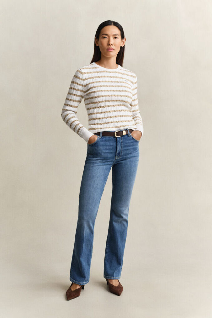Striped Cable Knit Crew Neck Sweater Striped Cable Knit Crew Neck Sweater
