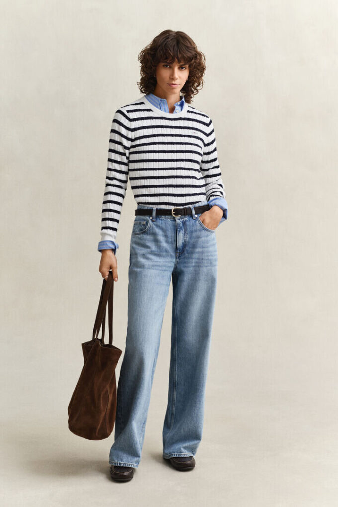 Striped Cable Knit Crew Neck Sweater Striped Cable Knit Crew Neck Sweater