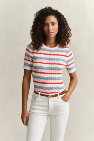 striped cable knit short sleeve sweater 1 1 330x495 - Striped Cable Knit Short Sleeve Sweater