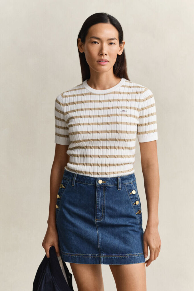 Striped Cable Knit Short Sleeve Sweater Striped Cable Knit Short Sleeve Sweater
