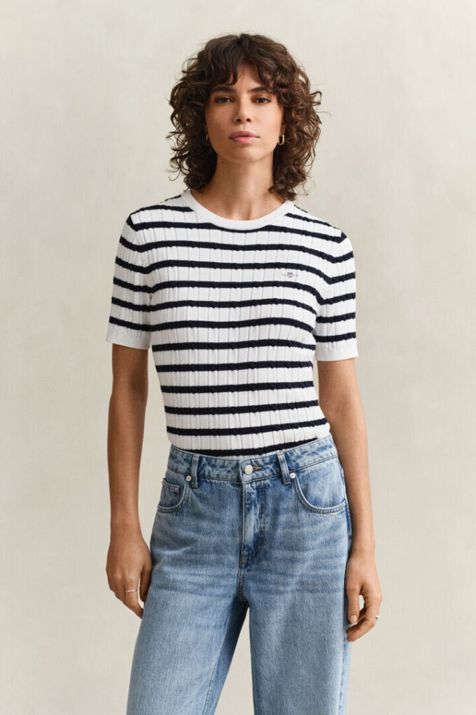 Striped Cable Knit Short Sleeve Sweater Striped Cable Knit Short Sleeve Sweater