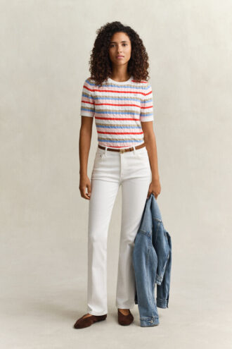 striped cable knit short sleeve sweater 2 1 330x495 - Striped Cable Knit Short Sleeve Sweater