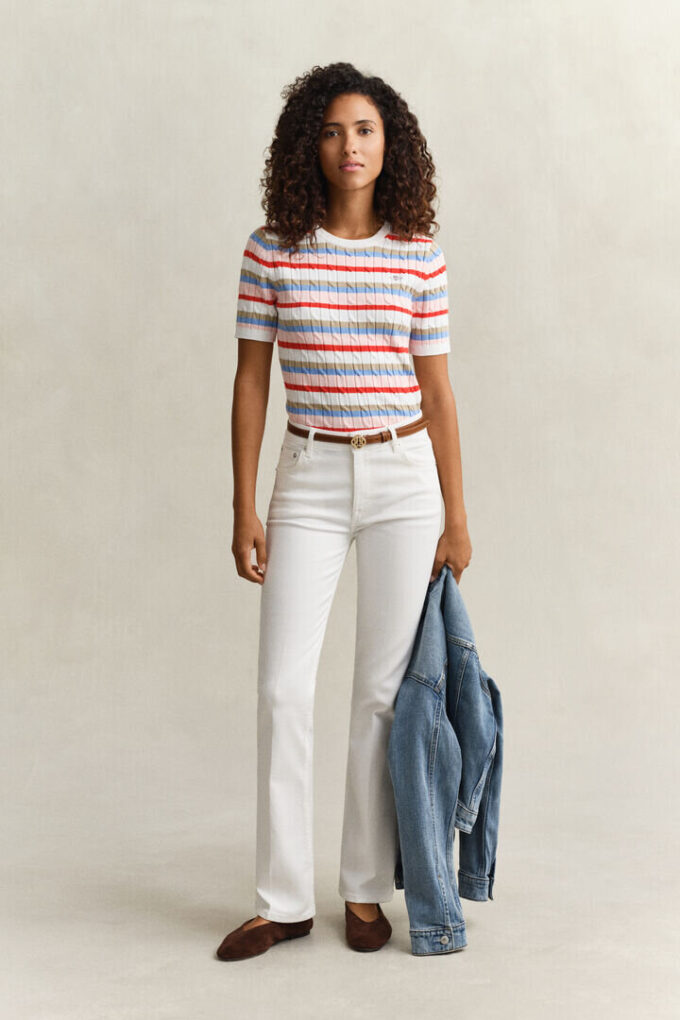 Striped Cable Knit Short Sleeve Sweater Striped Cable Knit Short Sleeve Sweater
