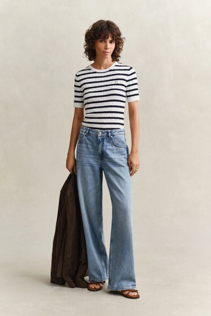 Striped Cable Knit Short Sleeve Sweater Striped Cable Knit Short Sleeve Sweater