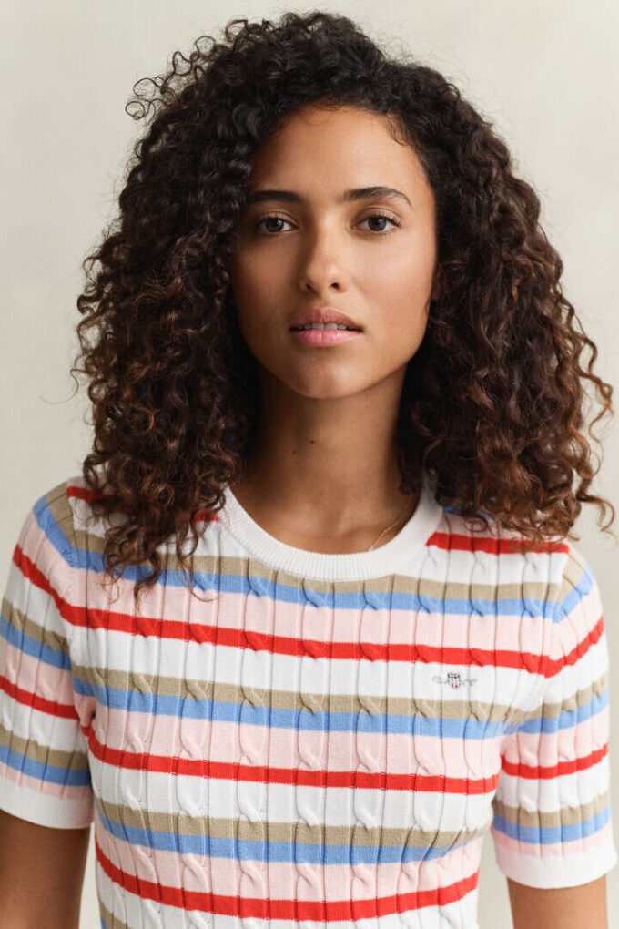 Striped Cable Knit Short Sleeve Sweater Striped Cable Knit Short Sleeve Sweater