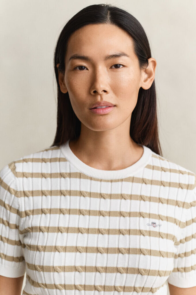 Striped Cable Knit Short Sleeve Sweater Striped Cable Knit Short Sleeve Sweater
