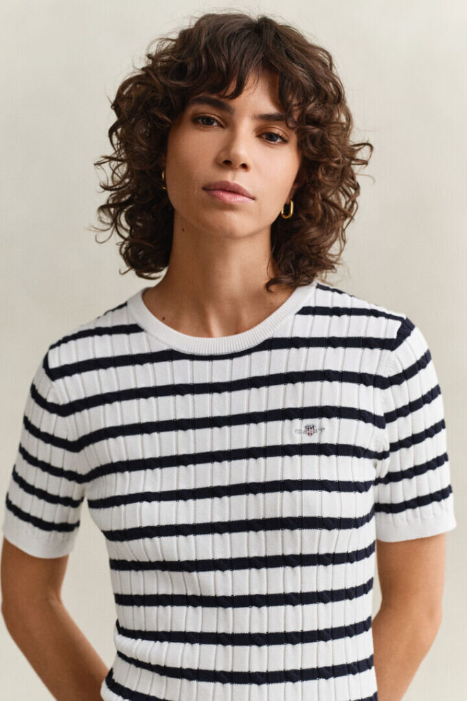 Striped Cable Knit Short Sleeve Sweater Striped Cable Knit Short Sleeve Sweater