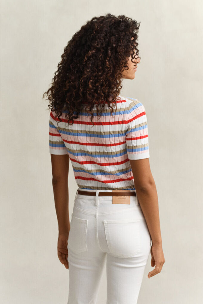 Striped Cable Knit Short Sleeve Sweater Striped Cable Knit Short Sleeve Sweater