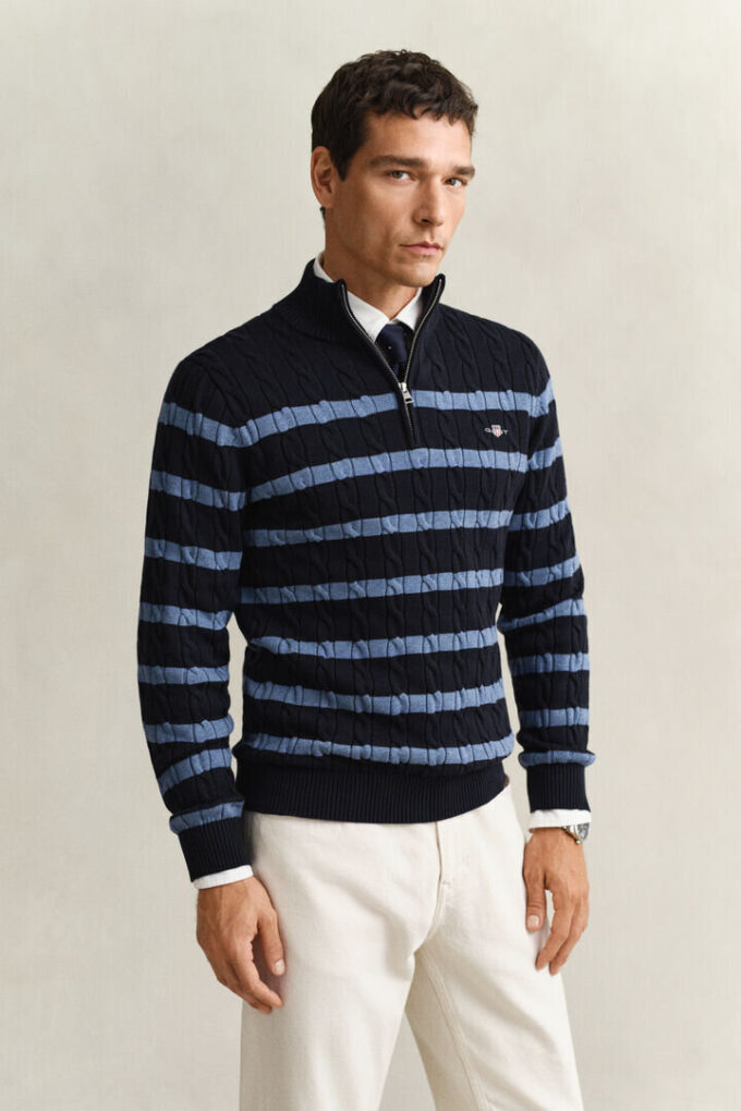 Striped Cotton Cable Knit Half-Zip Sweater Striped Cotton Cable Knit Half-Zip Sweater