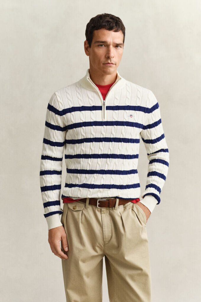 Striped Cotton Cable Knit Half-Zip Sweater Striped Cotton Cable Knit Half-Zip Sweater