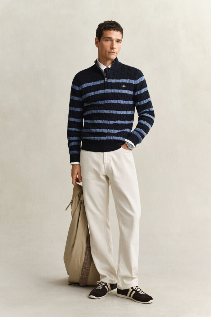 Striped Cotton Cable Knit Half-Zip Sweater Striped Cotton Cable Knit Half-Zip Sweater
