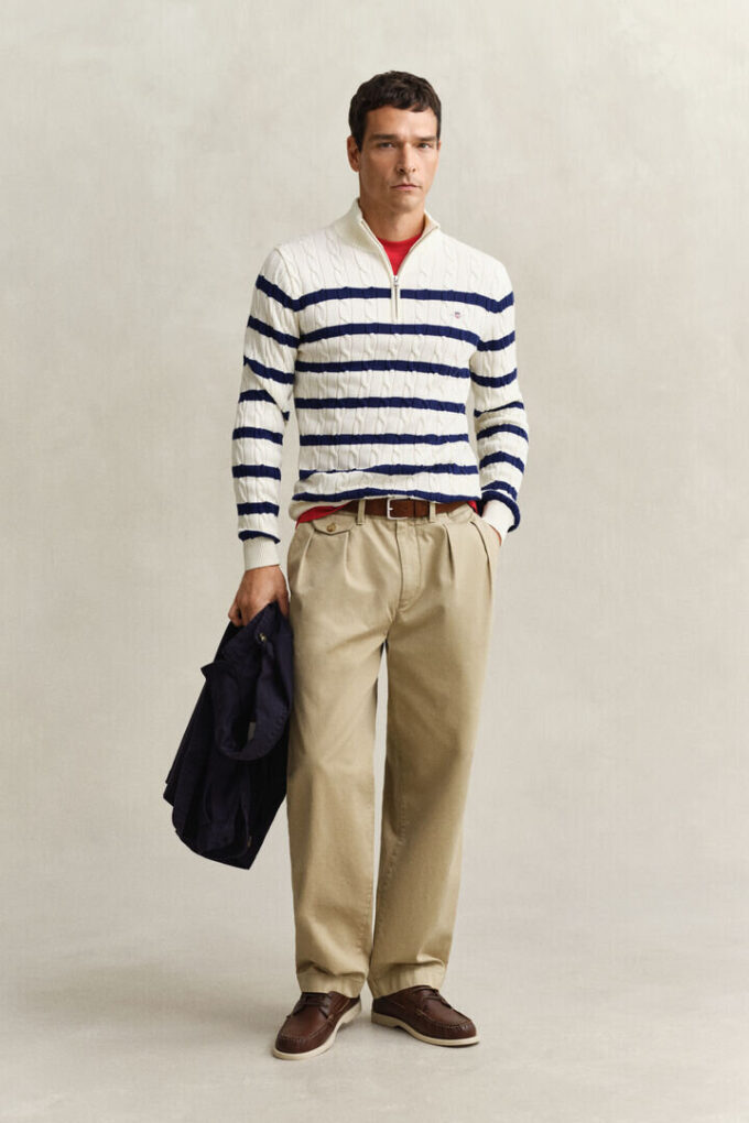 Striped Cotton Cable Knit Half-Zip Sweater Striped Cotton Cable Knit Half-Zip Sweater