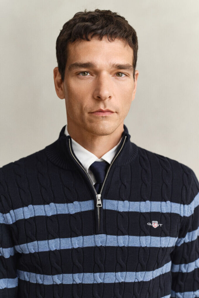 Striped Cotton Cable Knit Half-Zip Sweater Striped Cotton Cable Knit Half-Zip Sweater