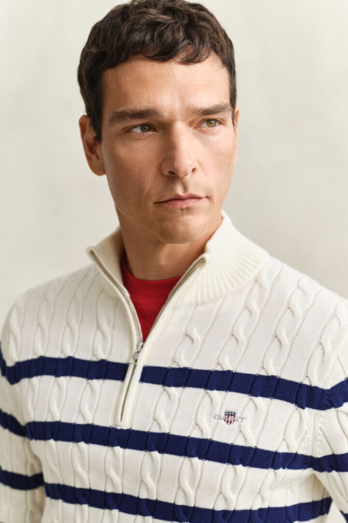 Striped Cotton Cable Knit Half-Zip Sweater Striped Cotton Cable Knit Half-Zip Sweater