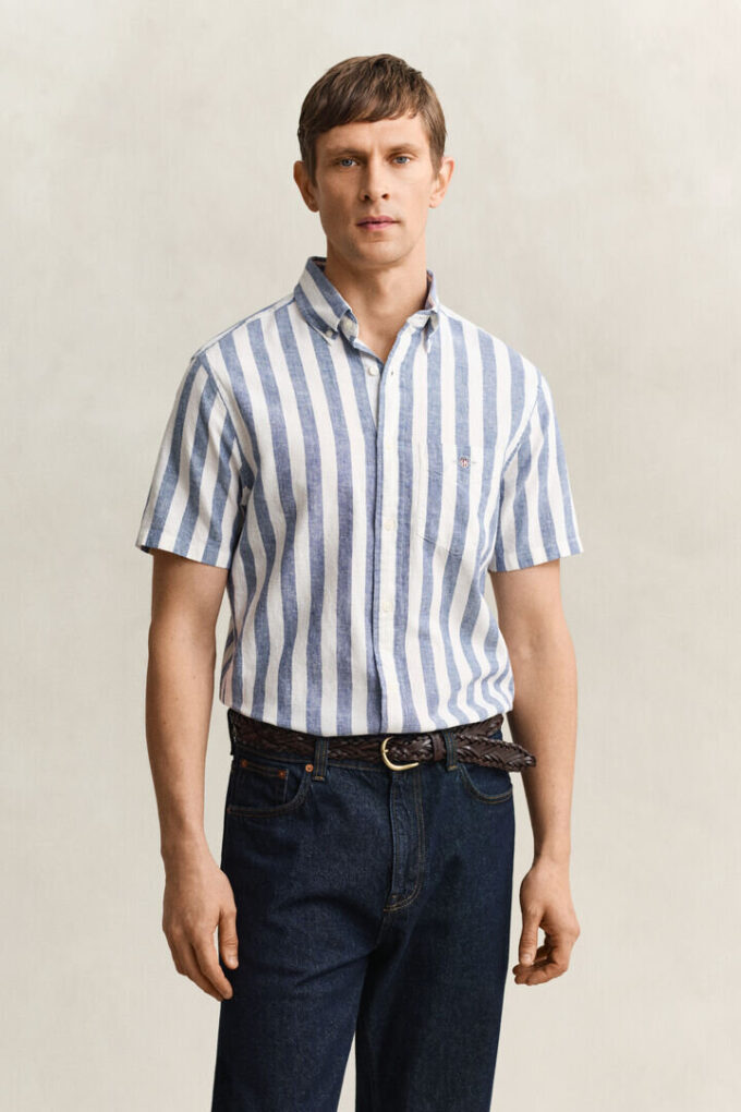 Striped Linen Blend Short Sleeve Shirt Striped Linen Blend Short Sleeve Shirt